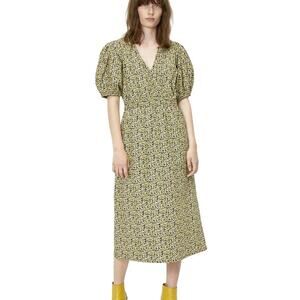 Just Female Dove Black Yellow White Floral Puff Sleeve V-neck Cotton Midi Dress